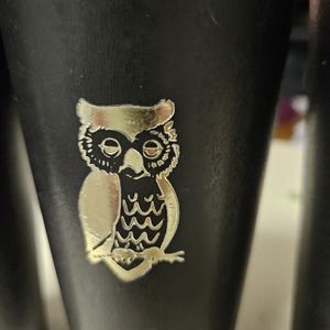 Vintage Nasco black plastic tumblers.  Retro.  Gold owl embossed.  Set of 4.